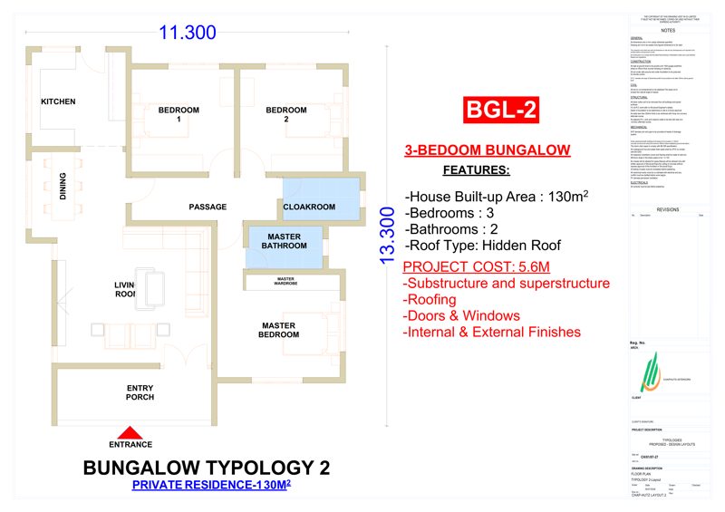 3-Bedroom Bungalow — Private Residence — BGL-2 floor plan and render