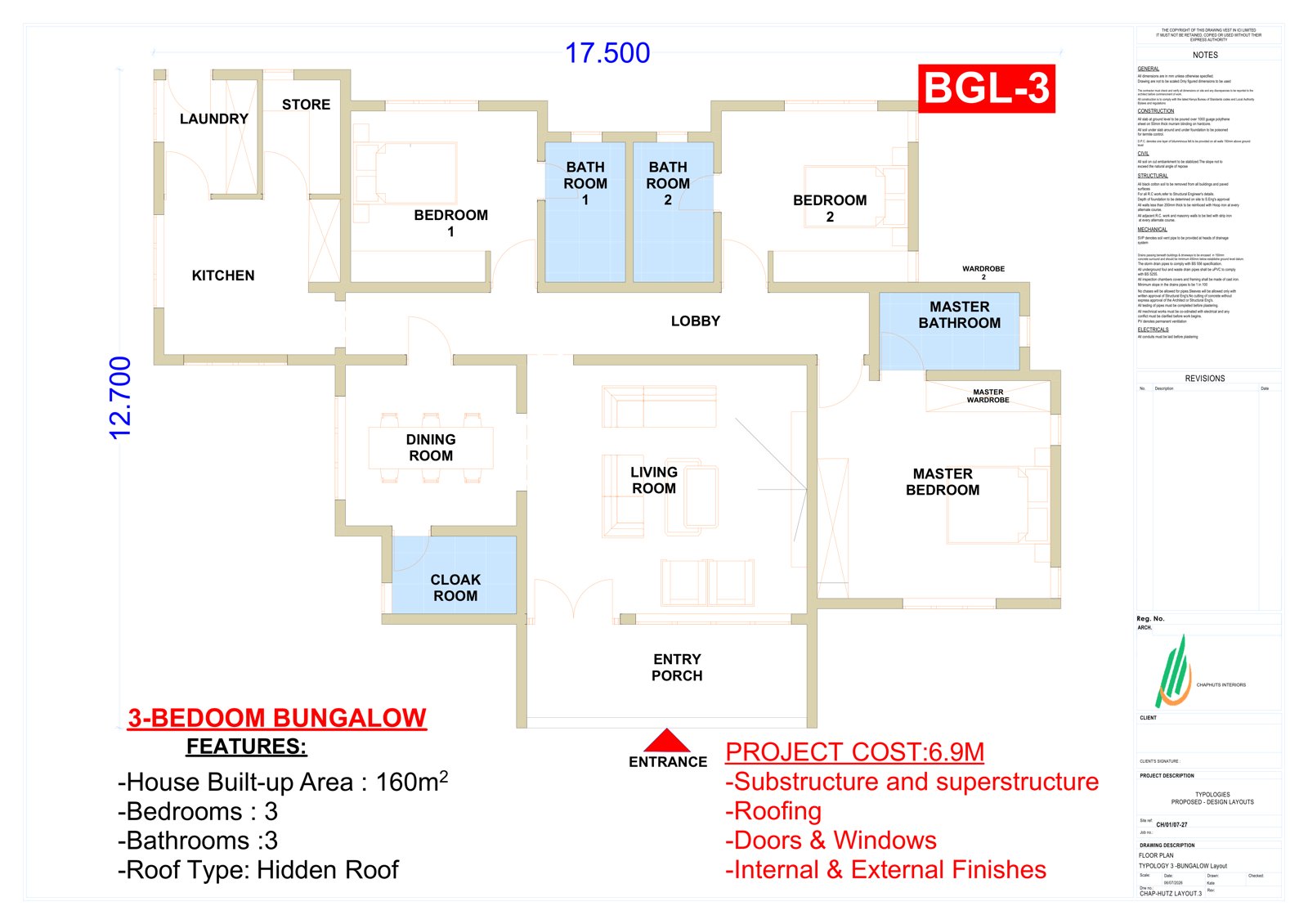 3-Bedroom Bungalow floor plan and specification sheet