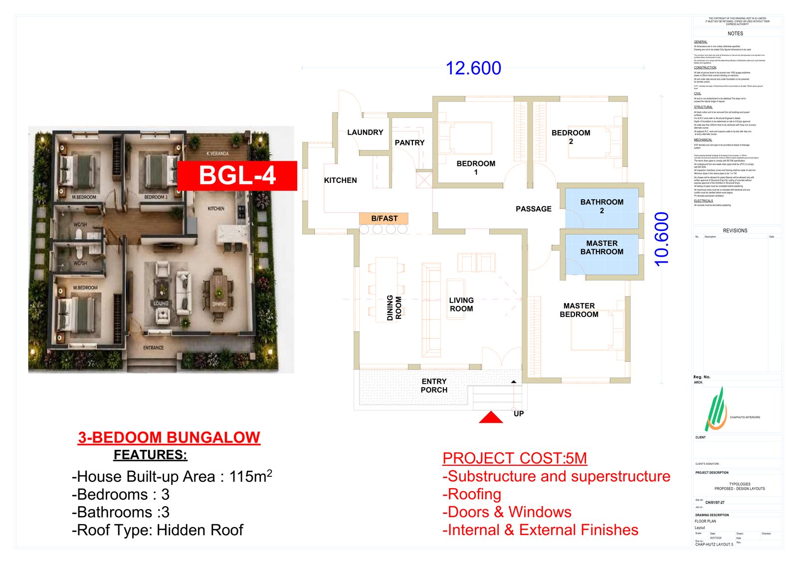 3-Bedroom Bungalow floor plan and specification sheet