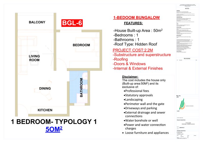 1-Bedroom Bungalow — BGL-6 floor plan and render