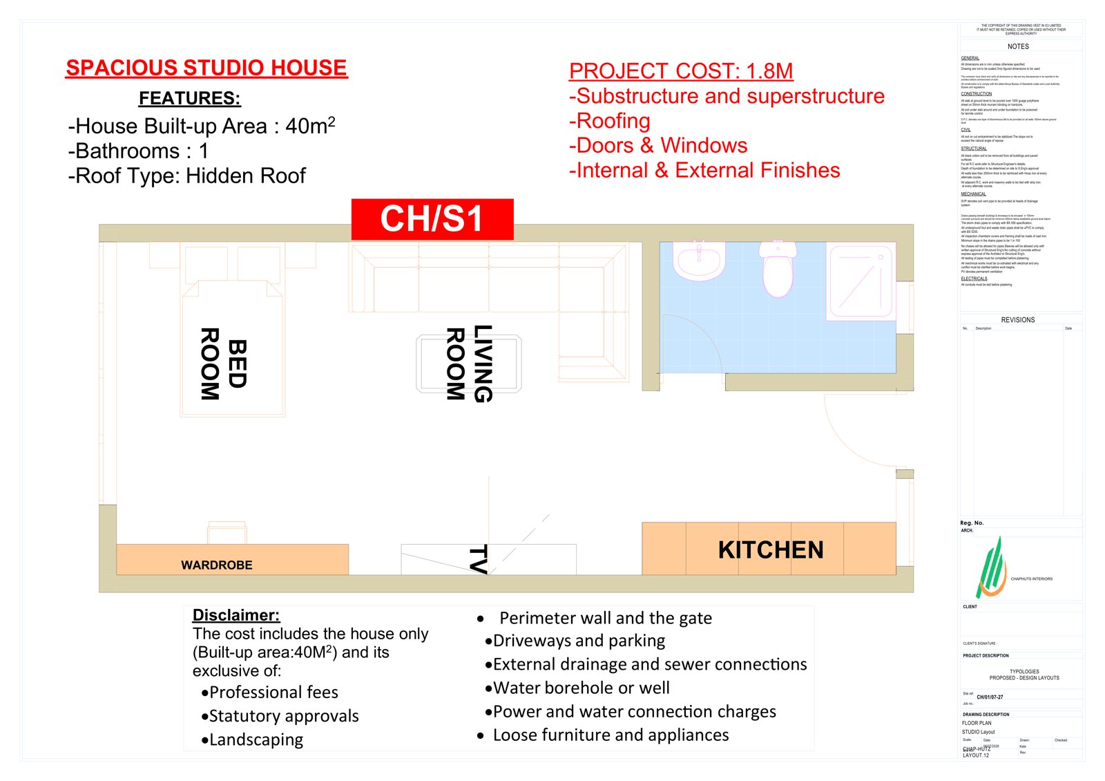 Spacious Studio House floor plan and specification sheet