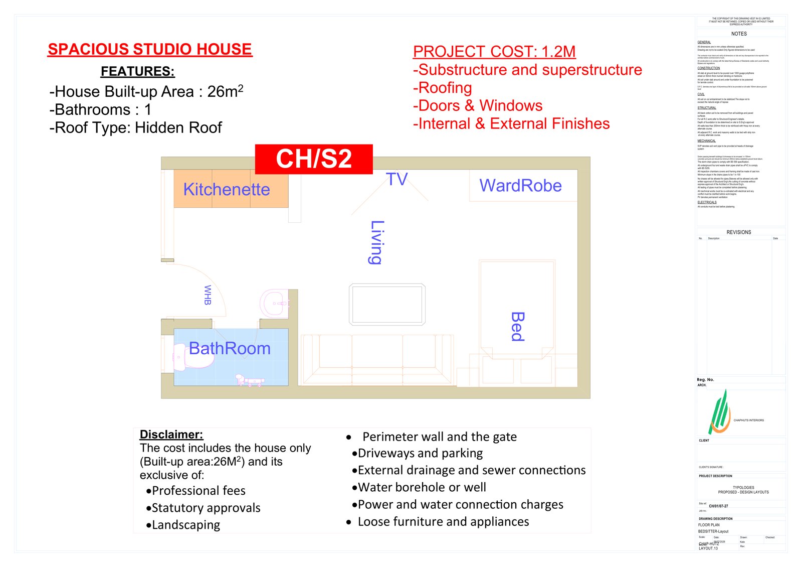Studio House / Bedsitter floor plan and specification sheet