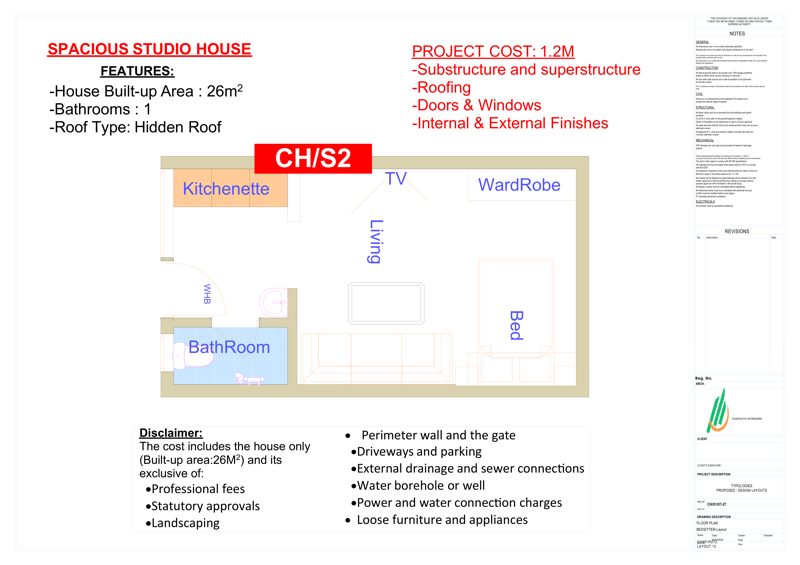 Studio House / Bedsitter — CH/S2 floor plan and render